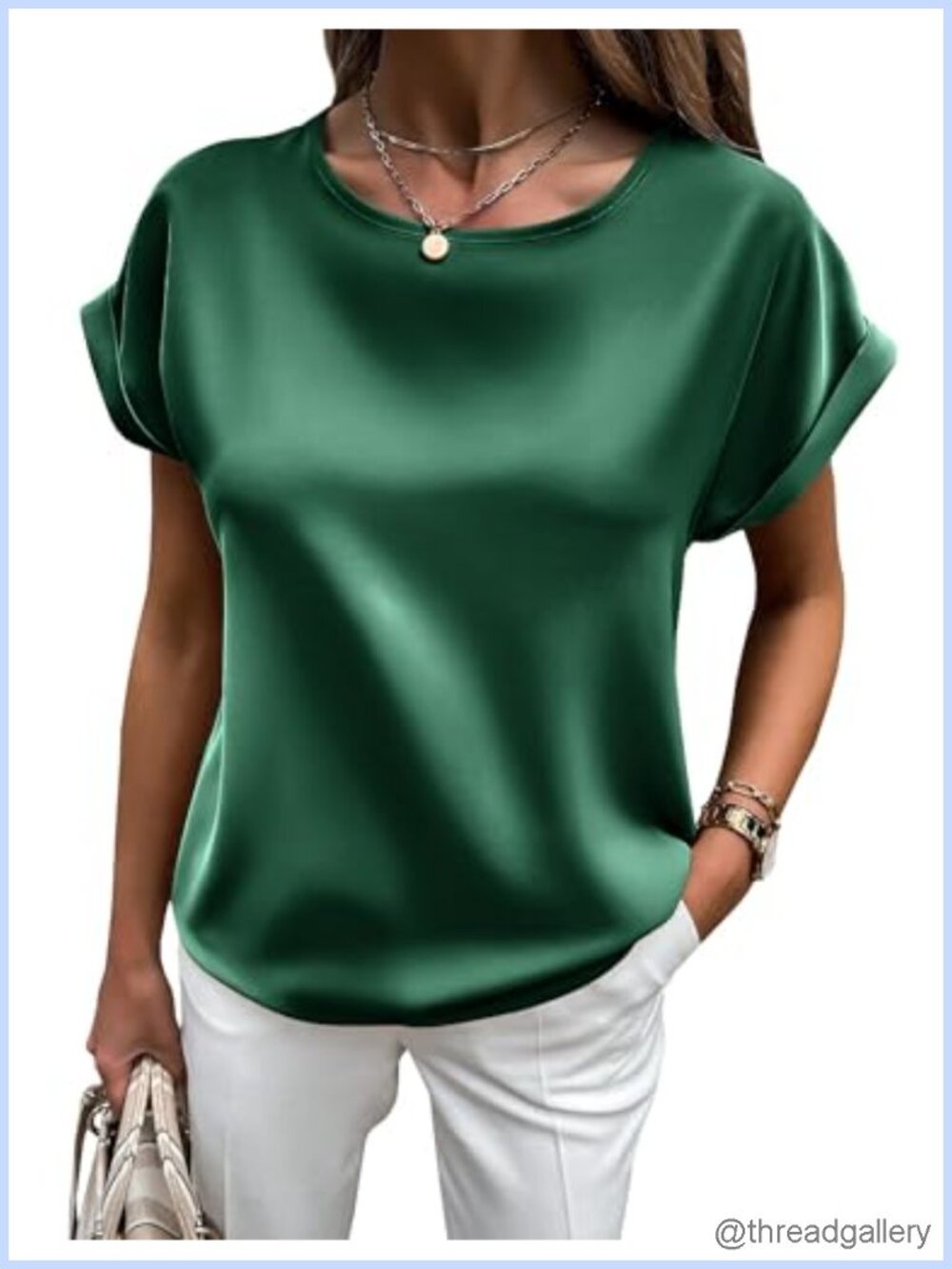 Satin Silk Pullover T-Shirt Short Sleeve Crewneck Blouse
